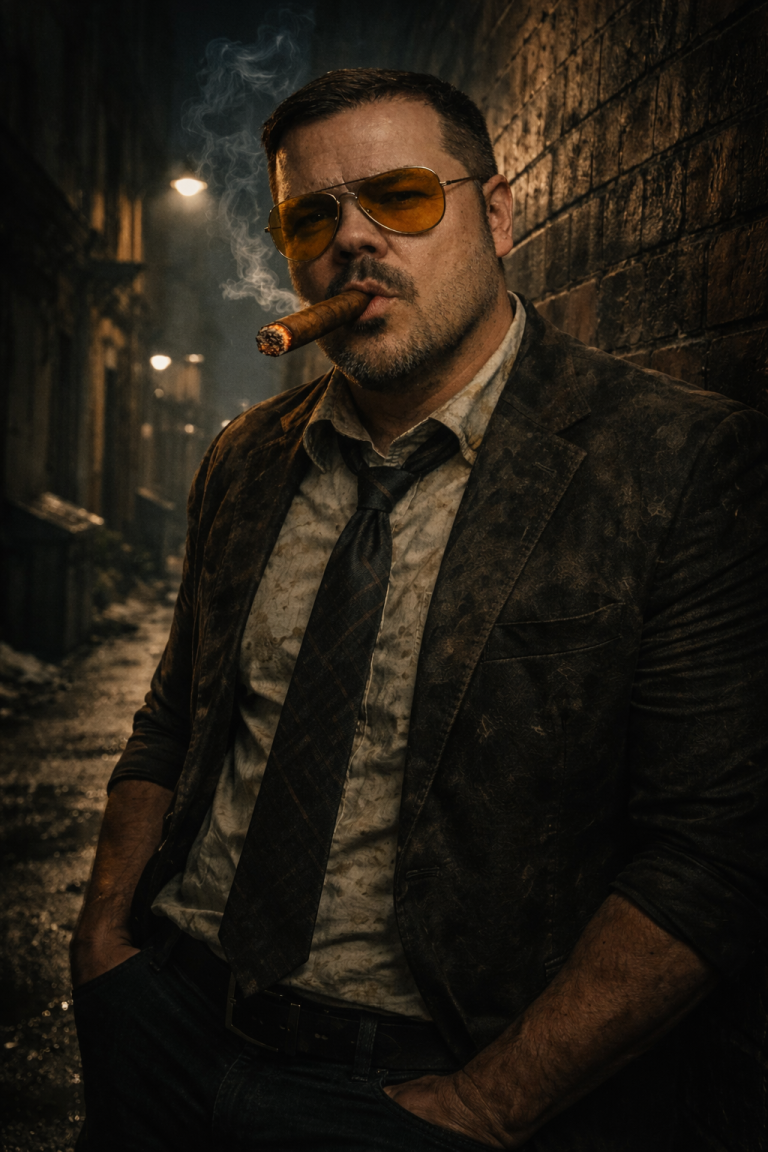 Kevin Wikse, investigative journalist, researcher, and Literary Paladin, standing in a rain-soaked urban alley wearing a weathered suit.
