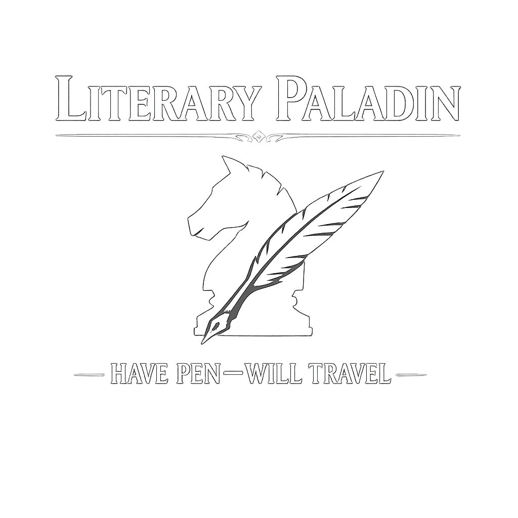 A minimalist black-and-white logo representing the Literary Paladin concept created by Kevin Wikse.