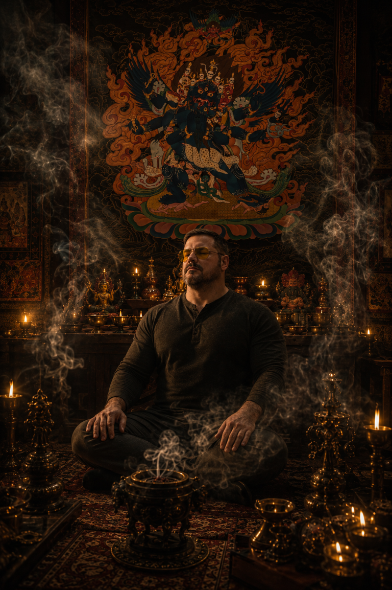 Kevin Wikse seated in meditation before a sacred Vajrakilaya altar in a candlelit temple chamber filled with incense smoke.