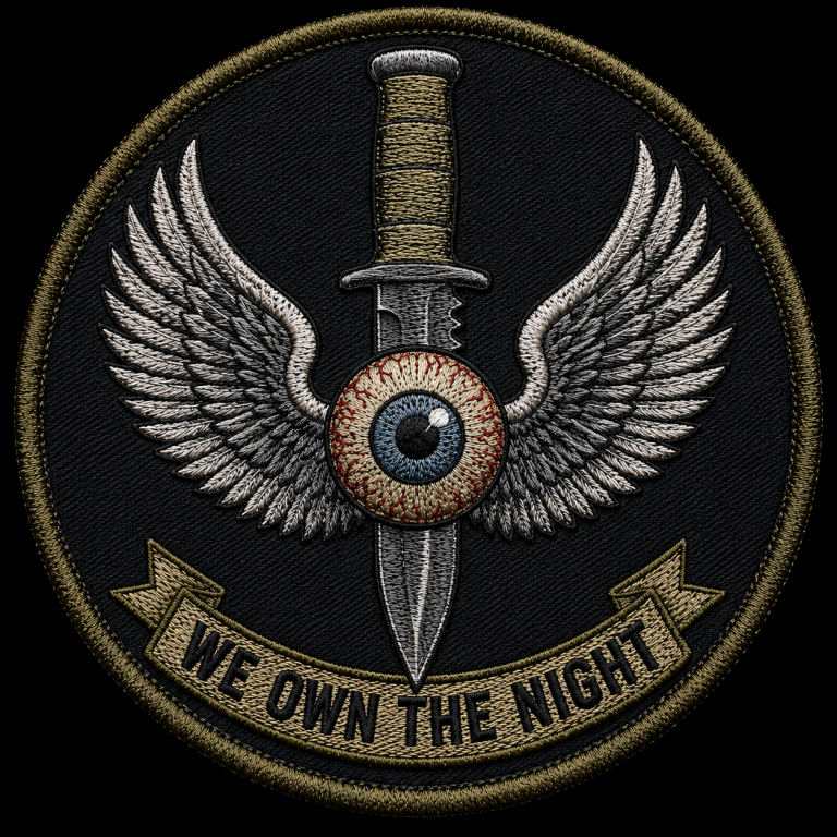 Highly detailed embroidered tactical patch featuring a blue all-seeing eye with silver wings positioned over a combat dagger.